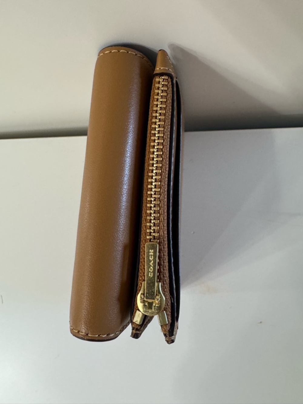 Coach Leather Trifold Wallet with Gold Accent, Honey Brown, Detachable Zip Pouch - Picture 3 of 7